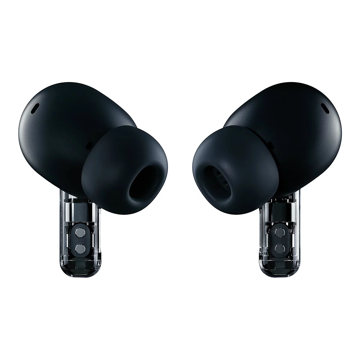 Zwei schwarze In-Ear-Kopfhörer mit transparenten Stielen auf weißem Hintergrund.
