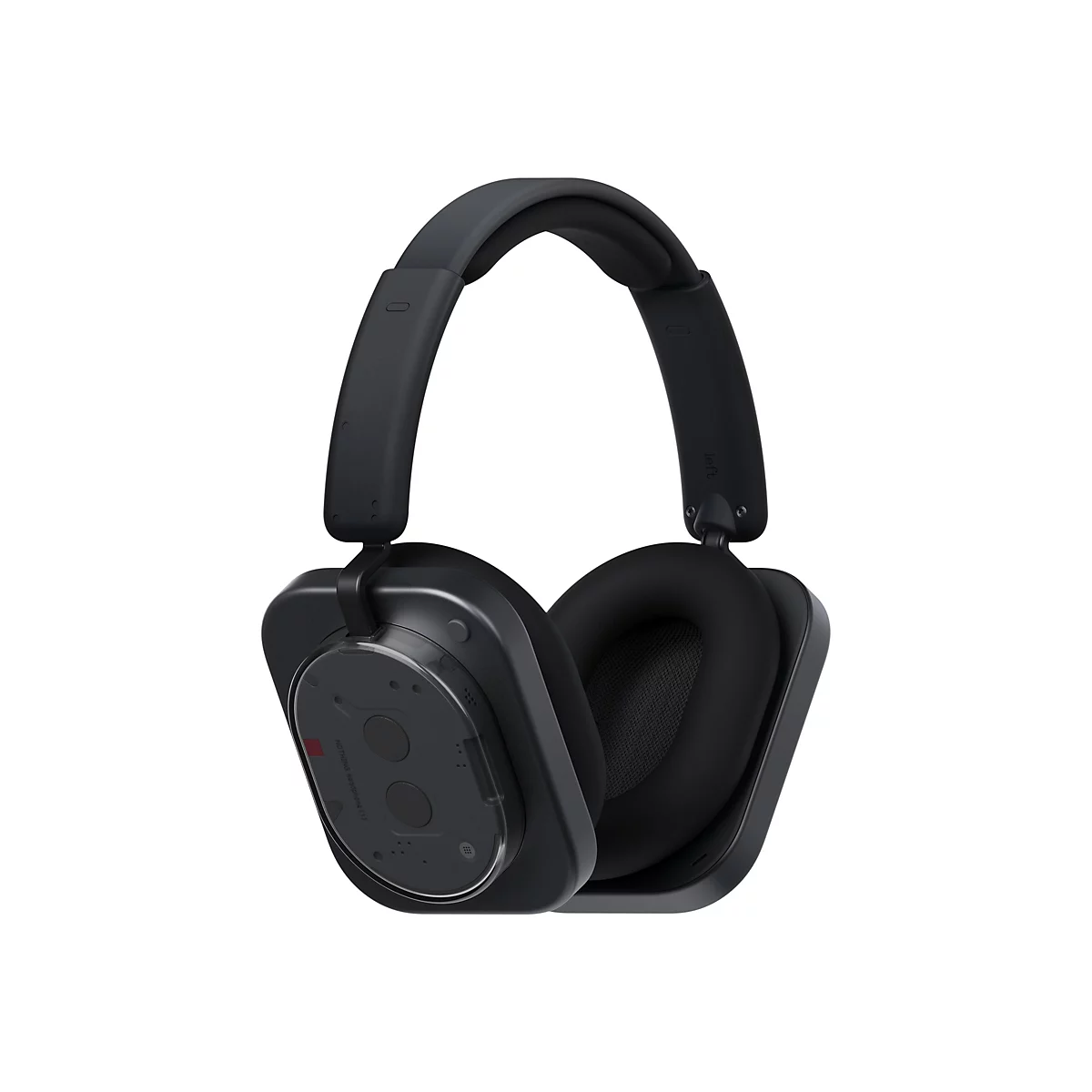 Schwarze, minimalistische Over-Ear-Kopfhörer mit transparentem Gehäusedetail vor weißem Hintergrund.