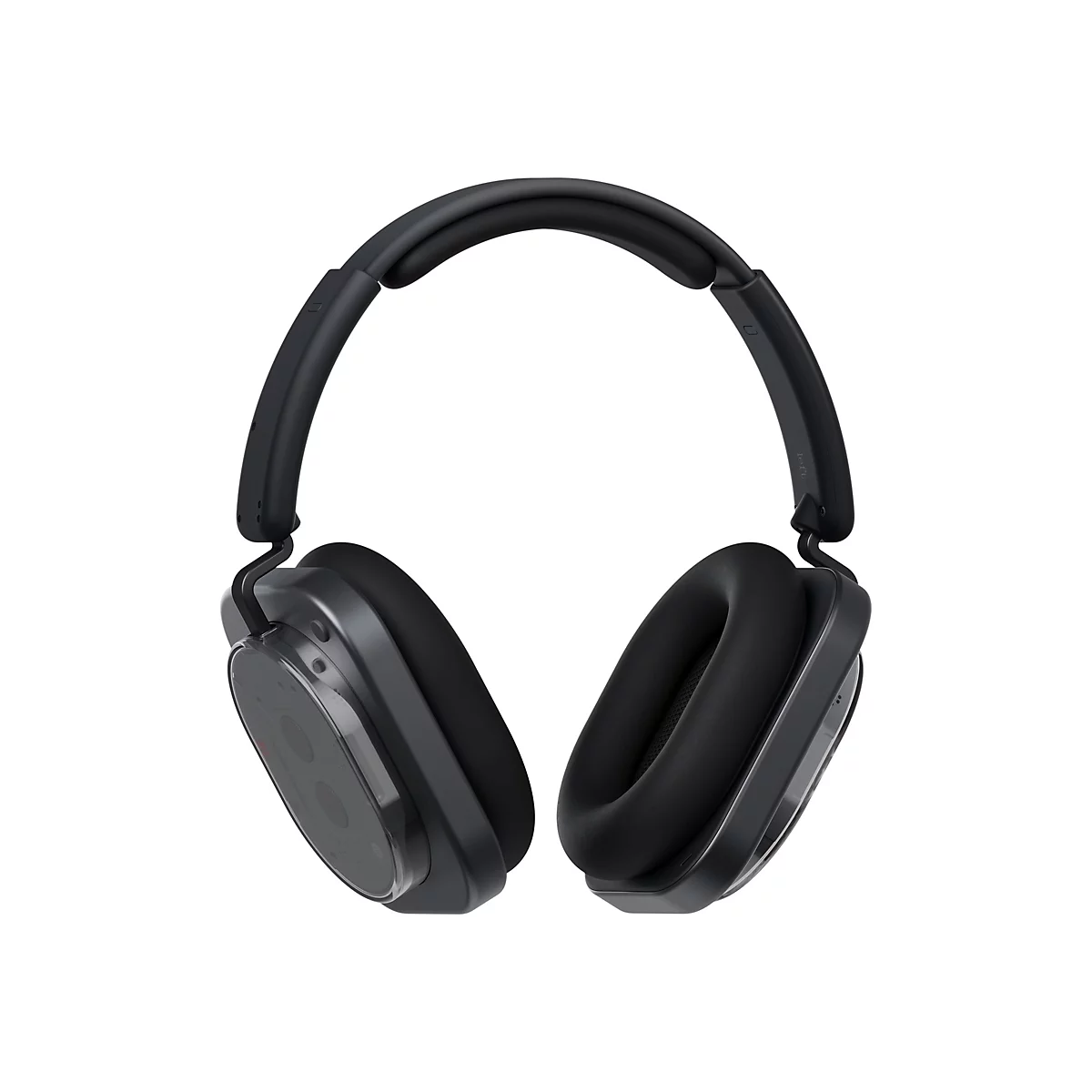Schwarze Over-Ear-Kopfhörer mit transparenten Gehäuseteilen vor weißem Hintergrund.