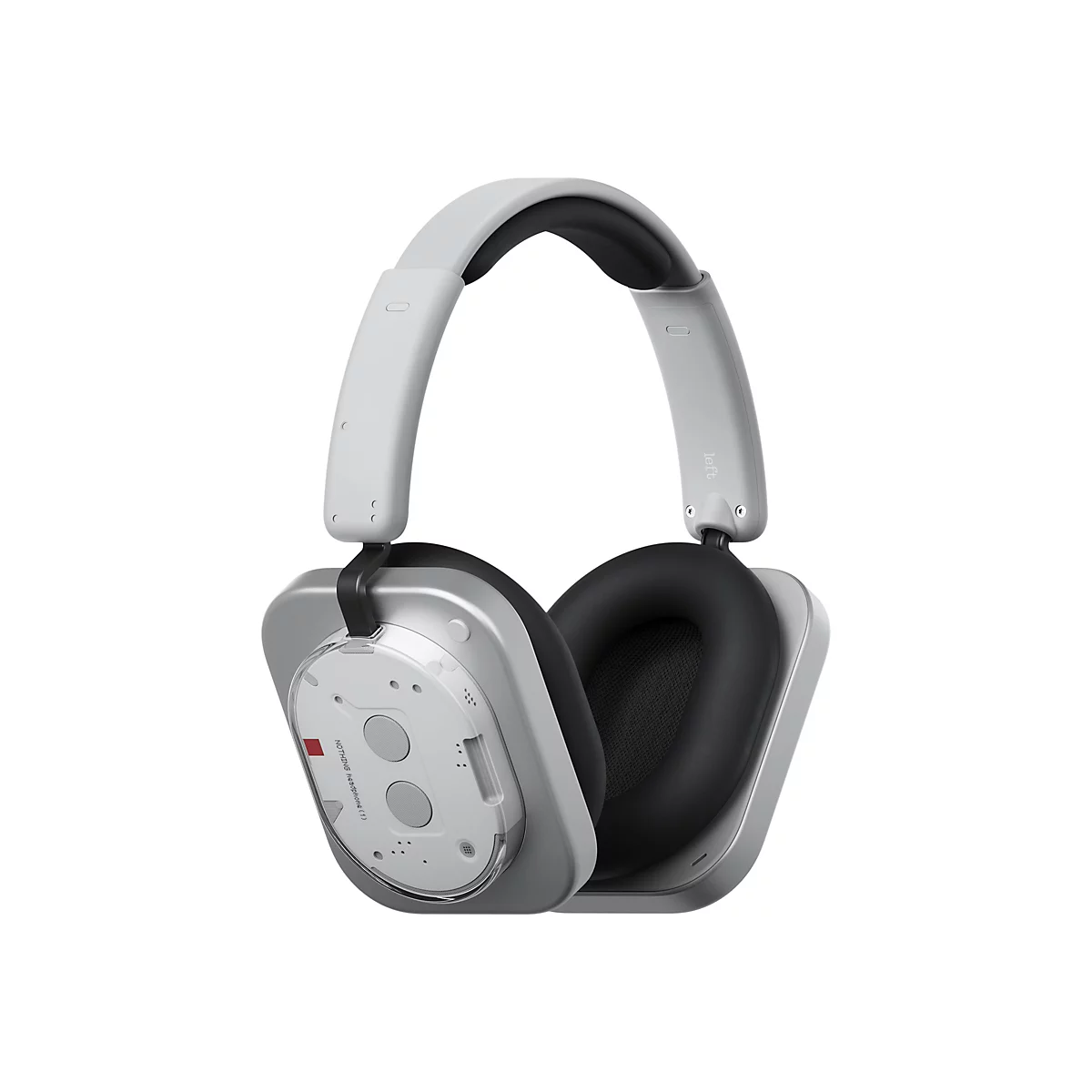 Grau-weißer Nothing Over-Ear-Kopfhörer mit transparentem Design und schwarzer Polsterung vor weißem Hintergrund.