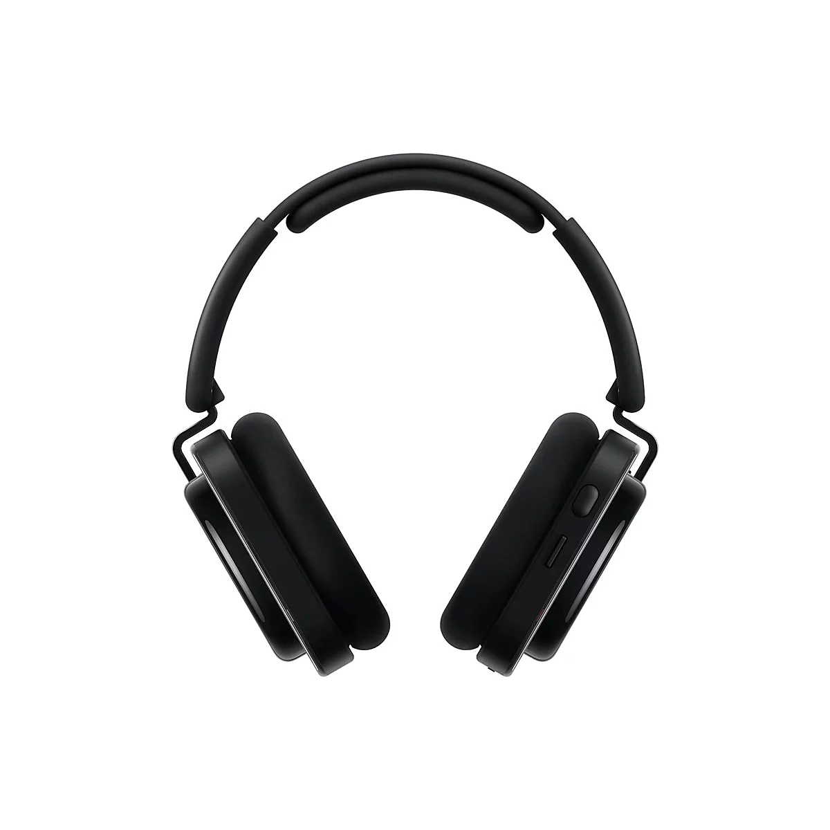 Schwarze, minimalistische Over-Ear-Kopfhörer vor weißem Hintergrund.