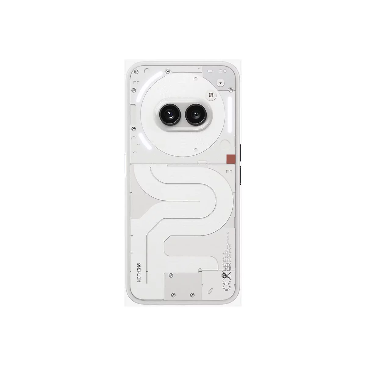 RÃ¼ckseite eines weiÃŸen Smartphones mit transparentem Design und sichtbaren Komponenten. Zwei Linsen oben, geschwungene Linien darunter.