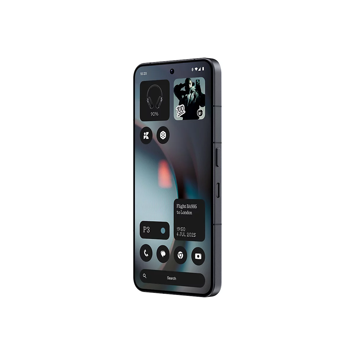 Smartphone, der das Design des Startbildschirms zeigt. Widgets zeigen Kopfhörer, Batteriestatus, einen Mann, Flugdetails und App-Icons.