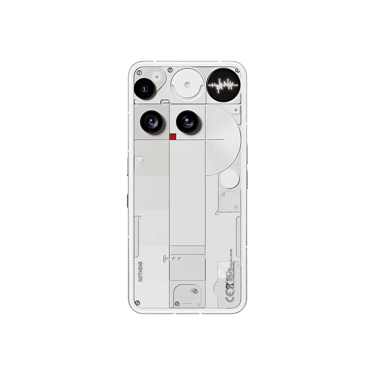 Rückseite eines weißen Nothing Smartphones mit transparentem Design, sichtbarer Kamerakonfiguration und technischem Display.