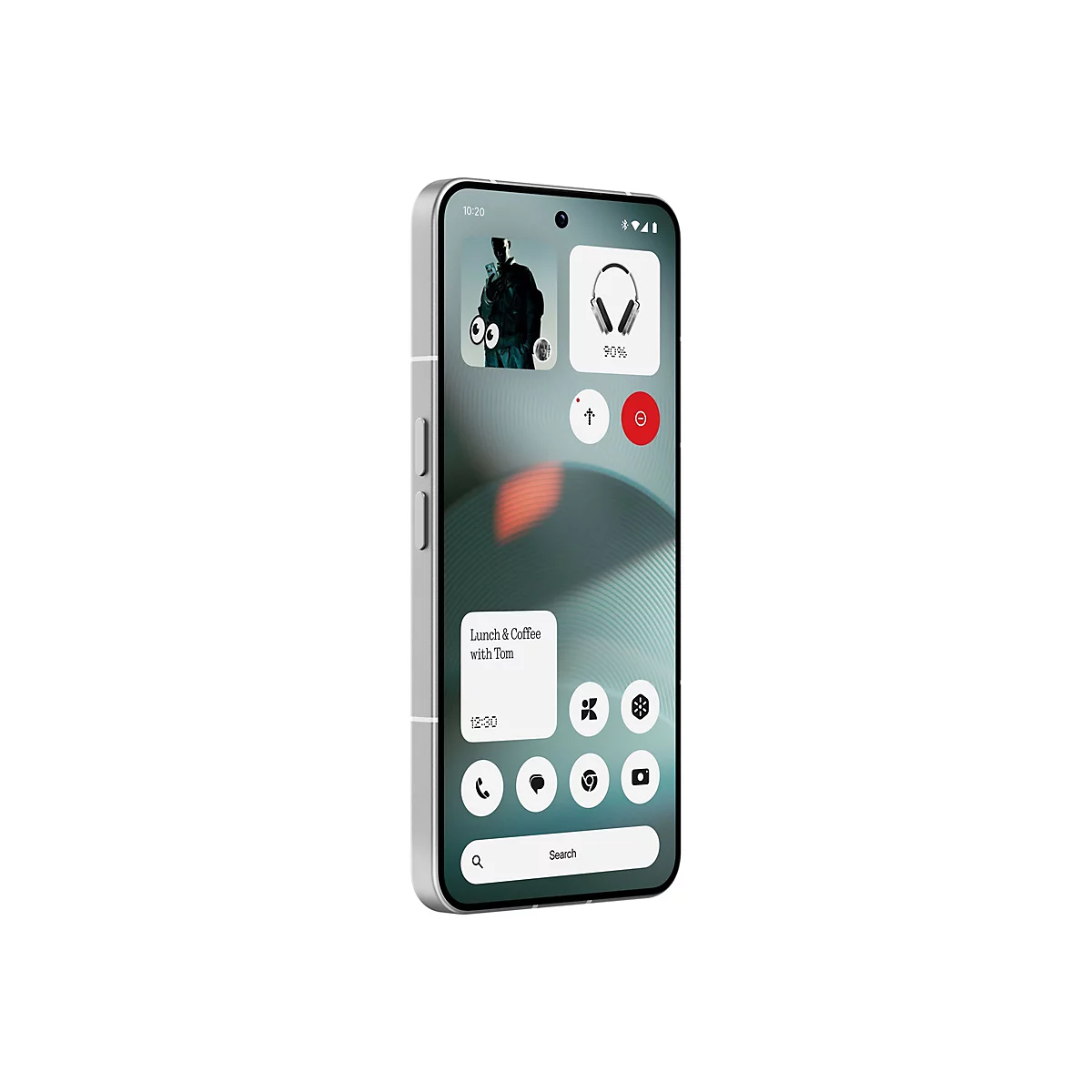 Ein silbernes Smartphone in Schrägansicht mit individuell gestalteter Benutzeroberfläche und verschiedenen Widgets.