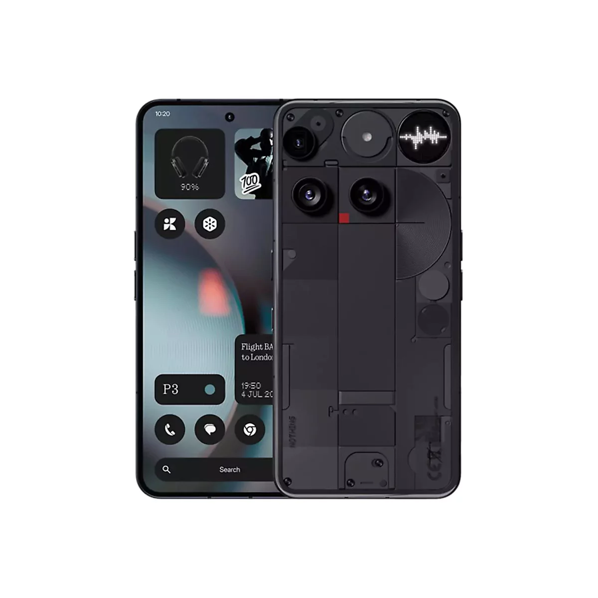 Nothing Phone Smartphone, Vorder- und Rückseite. Vorderseite mit Display-UI, Rückseite mit technischem, dunklem Design.