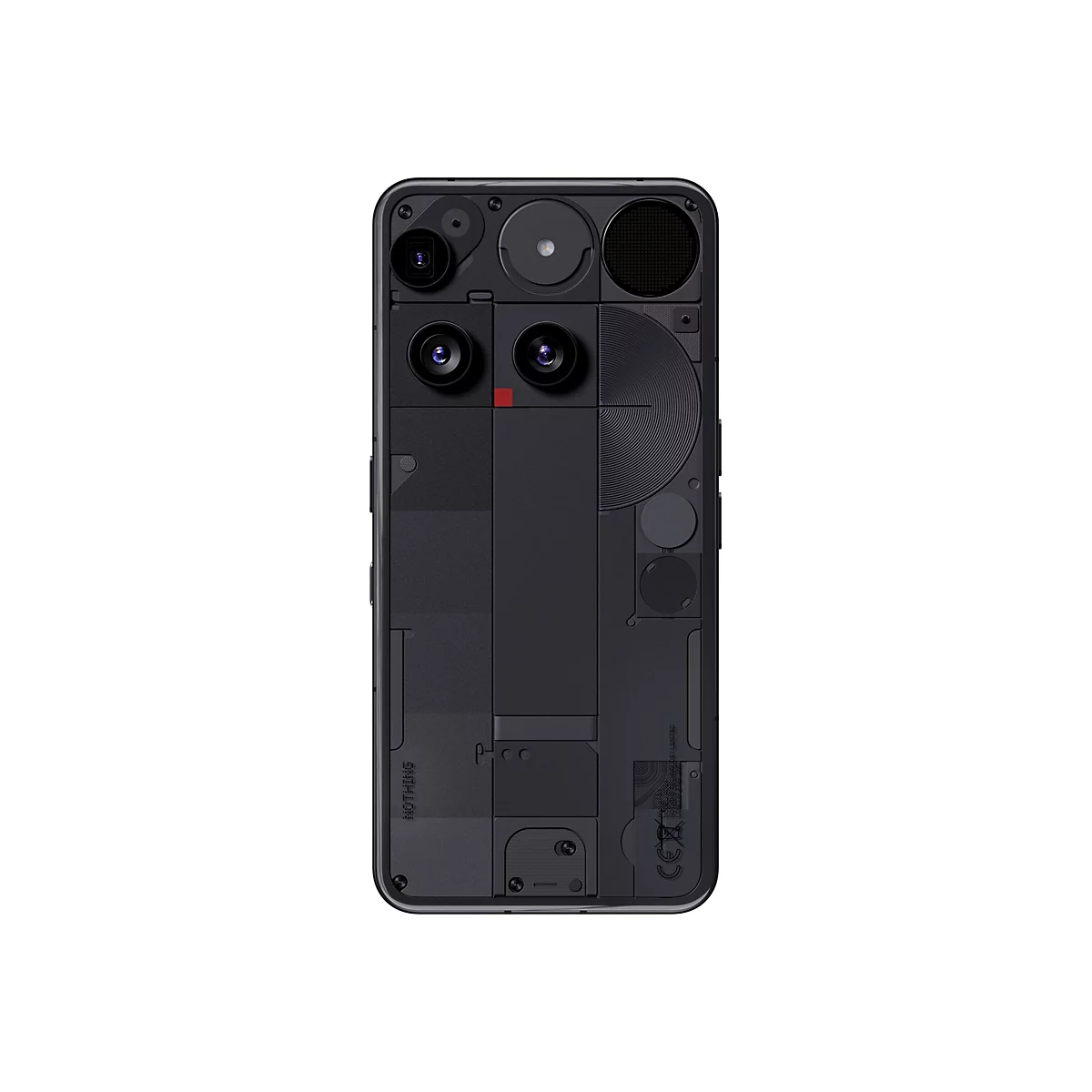 Rückseite eines schwarzen Smartphones mit transparentem Design. Verschiedene Elemente wie Kameras, Schrauben und Schriftzüge sind sichtbar.
