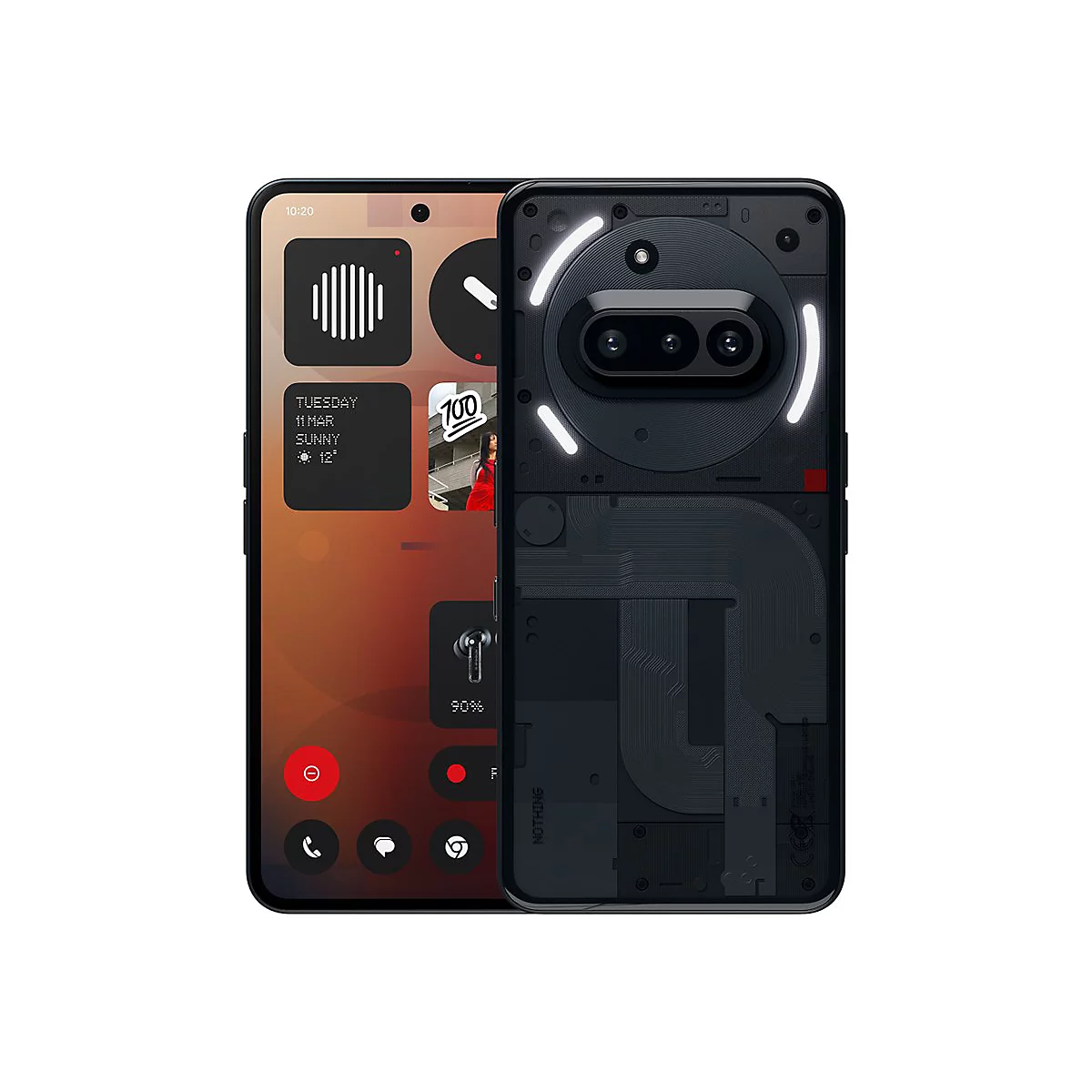 Schwarzes Smartphone, das auf einer weißen Oberfläche liegt. Rückseite mit leuchtenden Kreisen und transparenten Elementen.