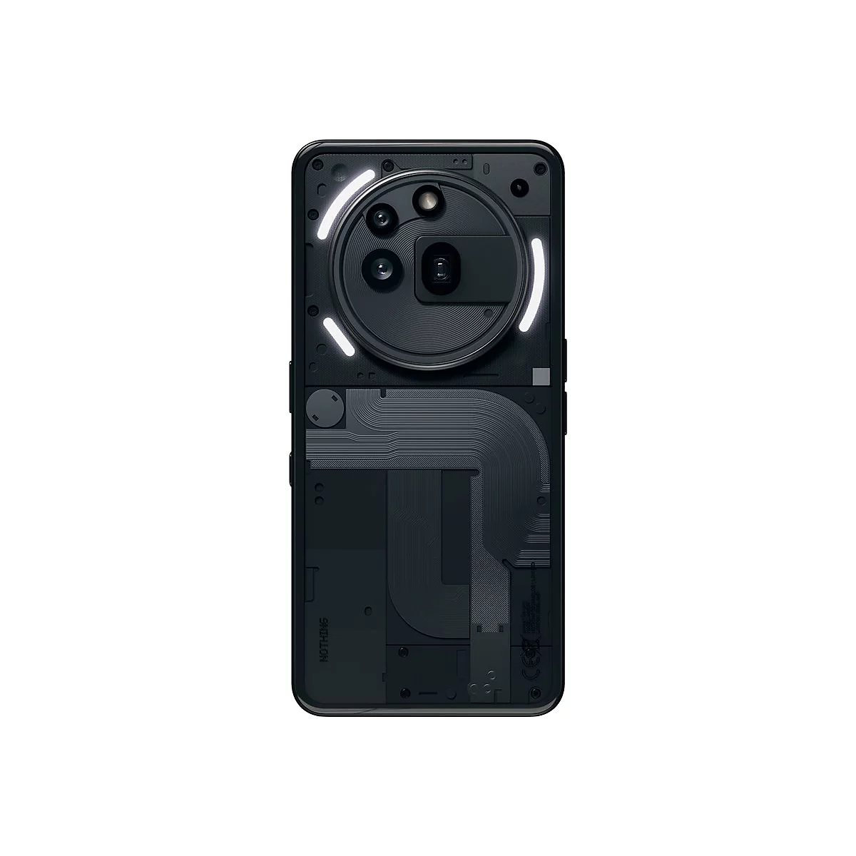 Rückseite eines schwarzen Smartphones mit sichtbaren Innereien, kreisförmigen Kameras und weißen LED-Leuchten.