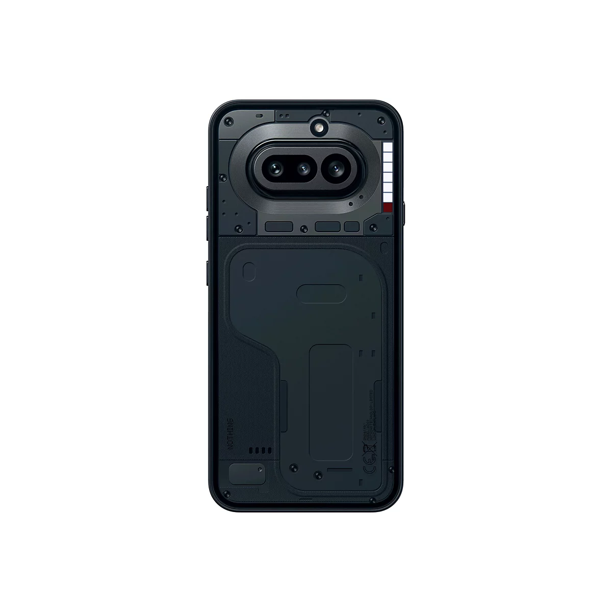Die schwarze Rückseite des Nothing Phone (2a) mit horizontalem Kamera-Modul und strukturiertem Gehäusedesign.