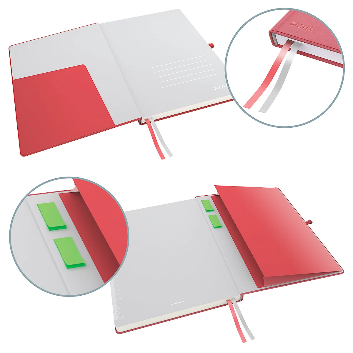 Rotes Notizbuch mit Lesezeichen, zwei Bändern und Haftnotizen. Detailansichten zeigen Bänder und Haftnotizen.