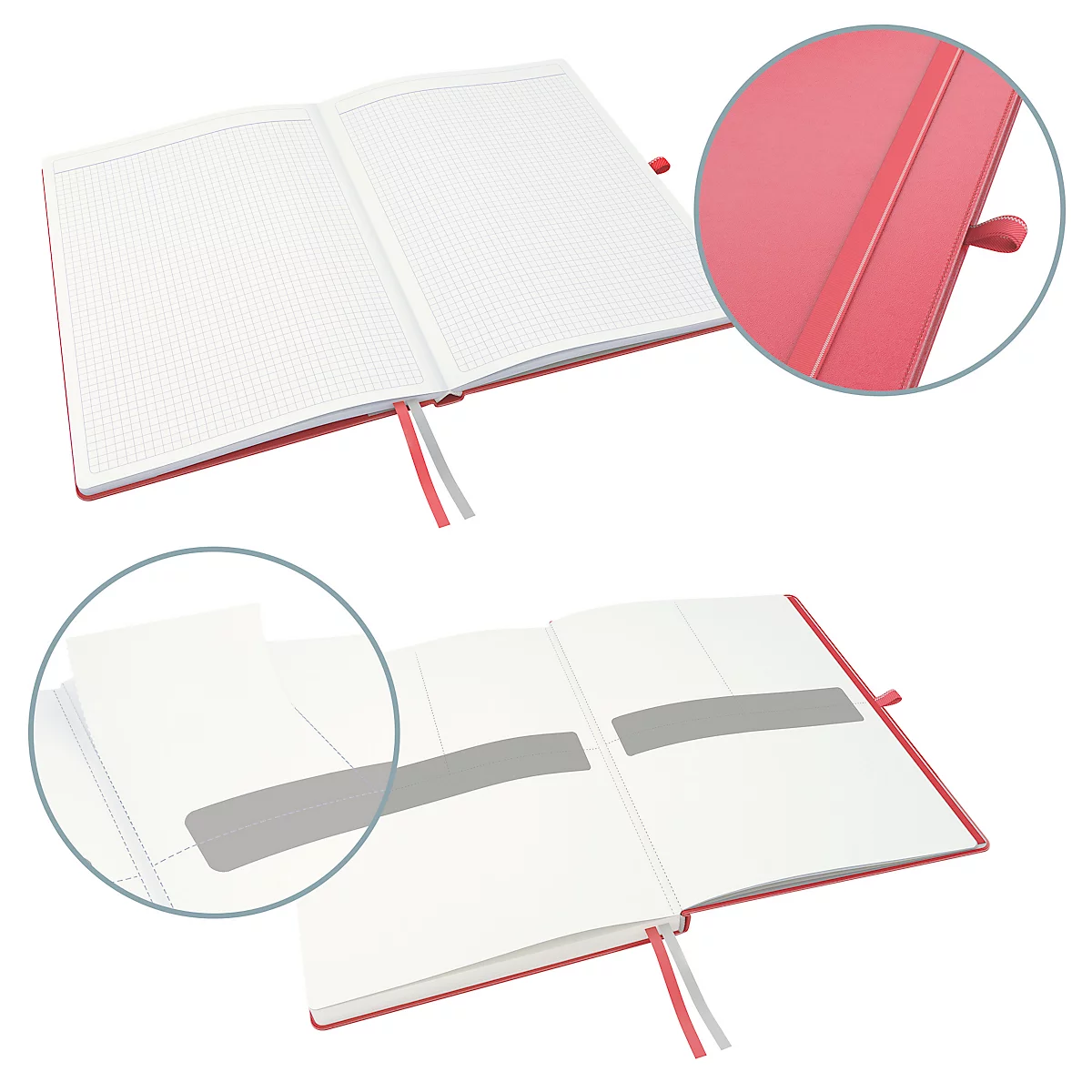 Offenes rotes Notizbuch mit weiß linierten Seiten. Detailansichten zeigen Lesezeichen und eine Innentasche.