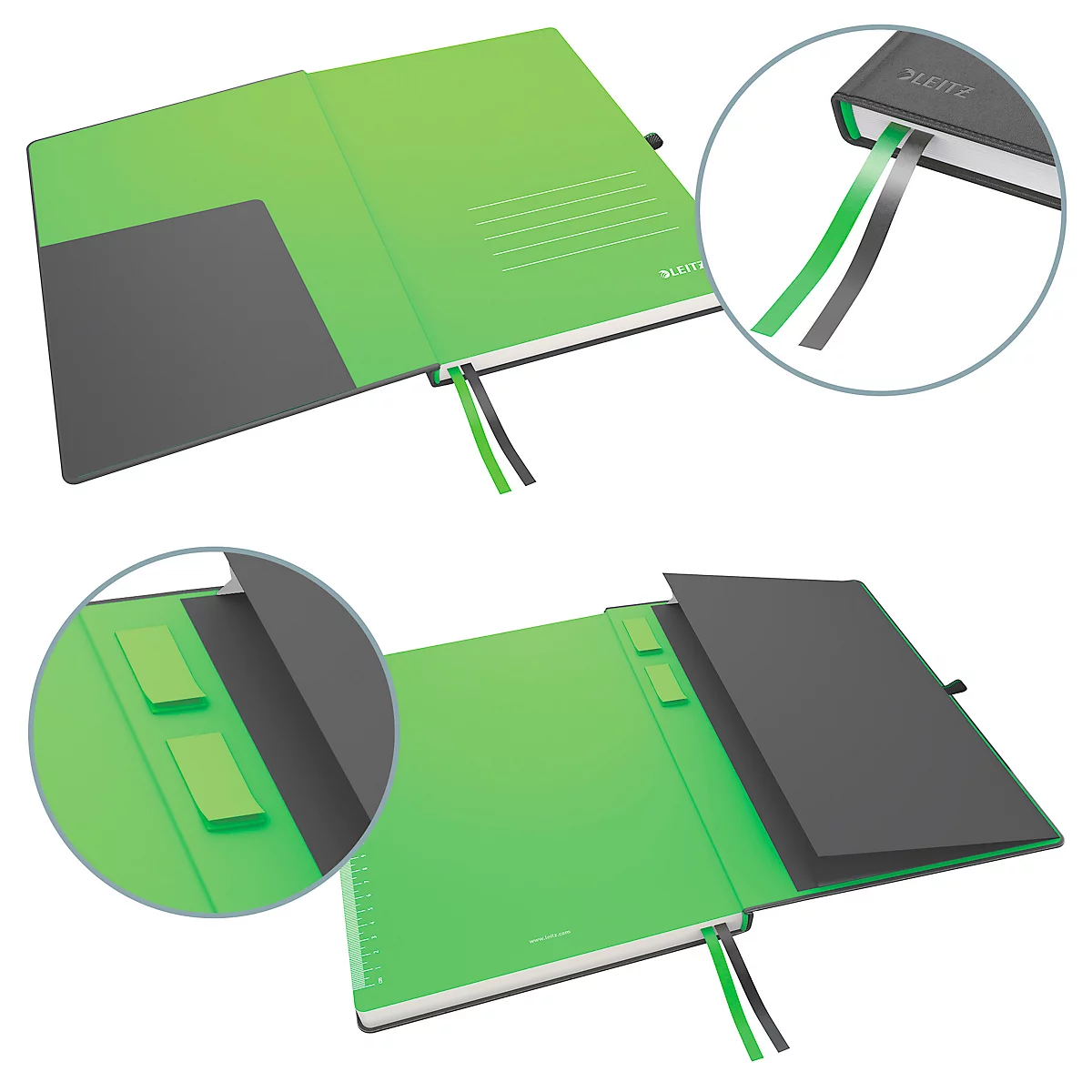 Grünes Notizbuch mit schwarzem Umschlag, zwei Lesebändern, zwei Post-its und einem Detailbild des Buches.