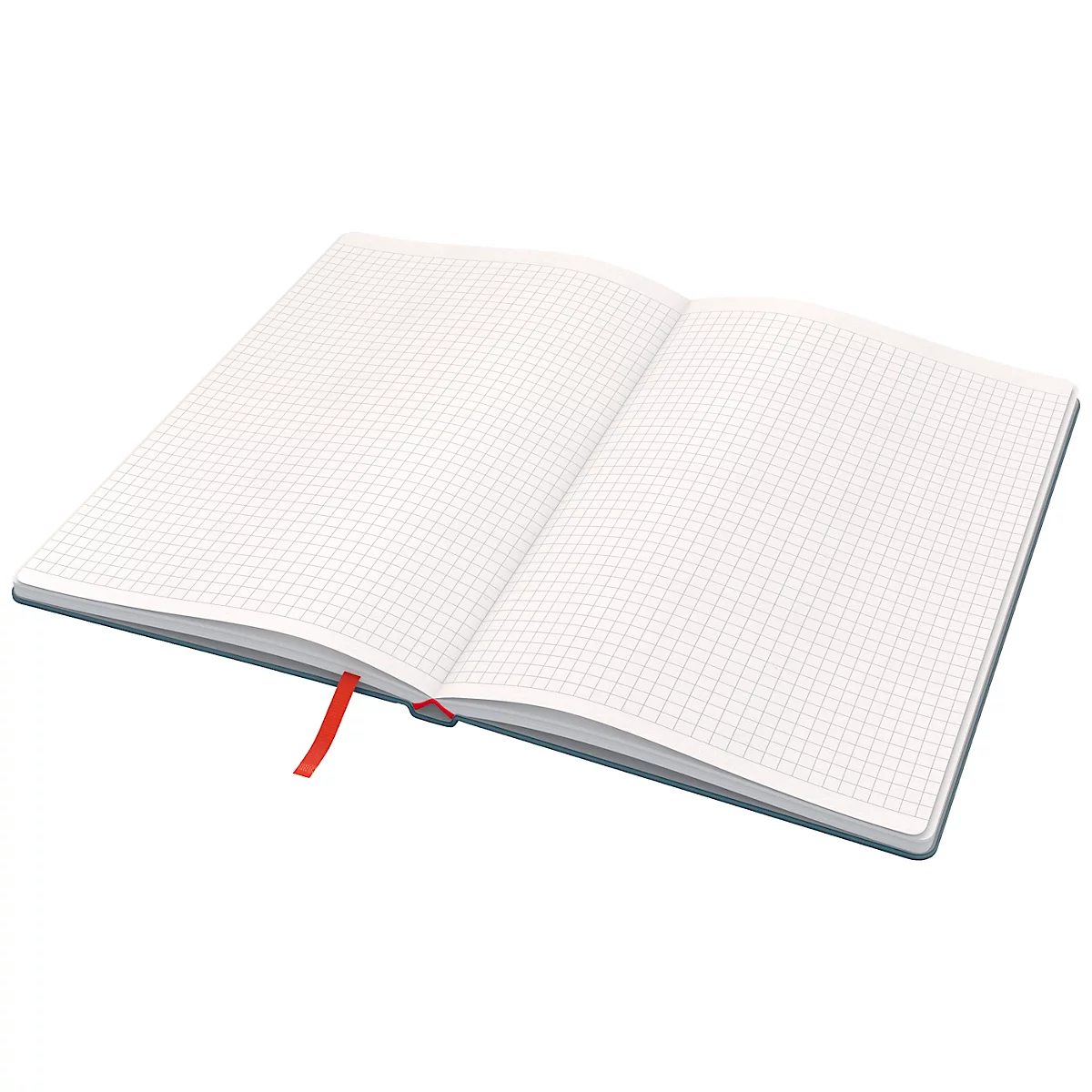 Offenes Notizbuch mit karierten Seiten, rotem Leseband.