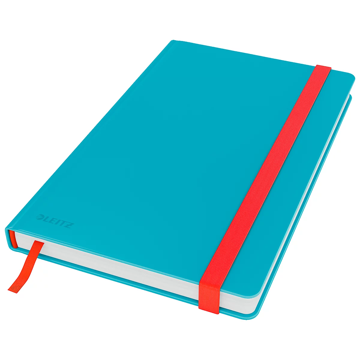 Türkisblaues Notizbuch mit rotem Gummiband und Lesezeichen. Leitz-Logo links unten.
