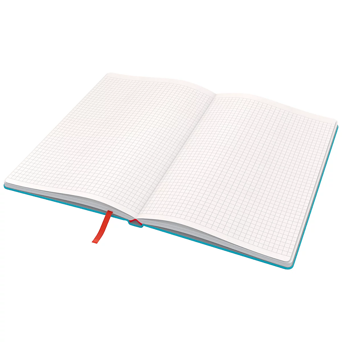 Geöffnetes Notizbuch mit karierten Seiten und einem roten Lesezeichen.