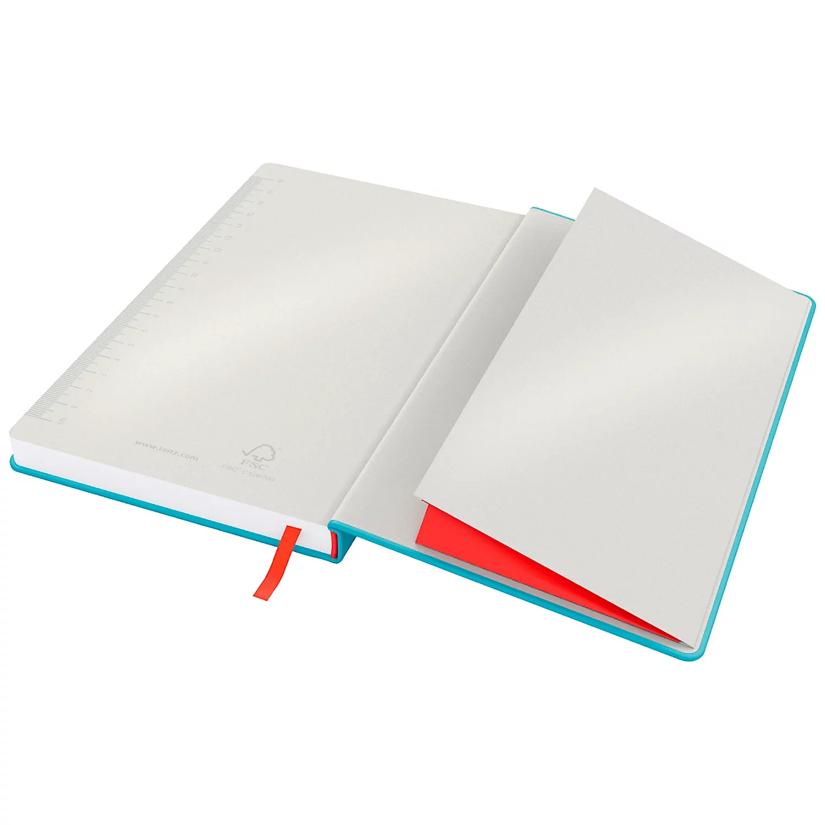 Ein aufgeschlagenes Notizbuch mit blauem Einband und rotem Lesezeichen, das sich im rechten Winkel öffnet. Die Seiten sind leer.