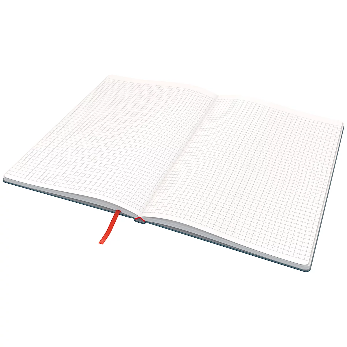 Offenes Notizbuch mit karierten Seiten und rotem Leseband.