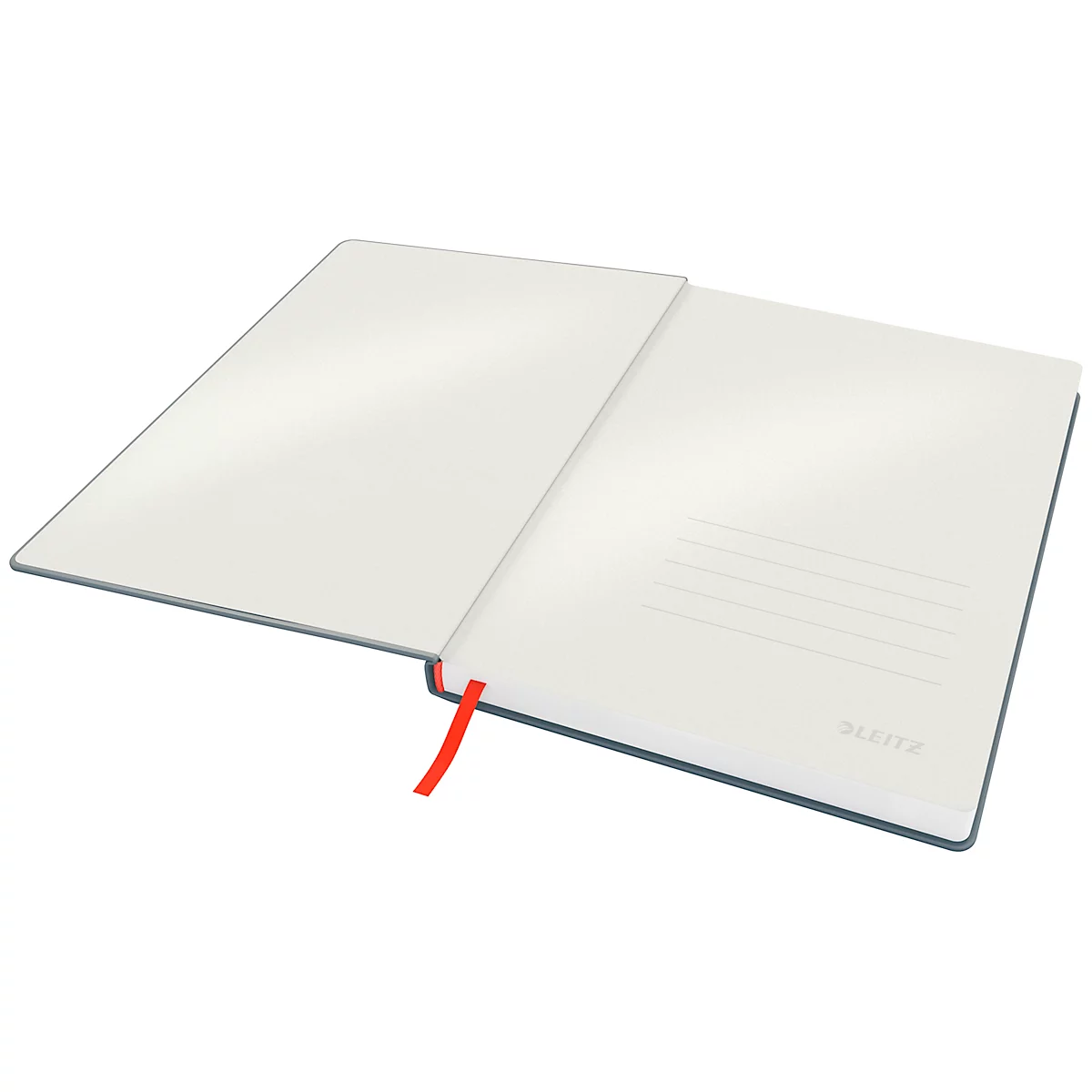 Aufgeschlagenes Notizbuch mit rotem Lesezeichen. Rechte Seite mit Linien, Marke 'LEITZ'.