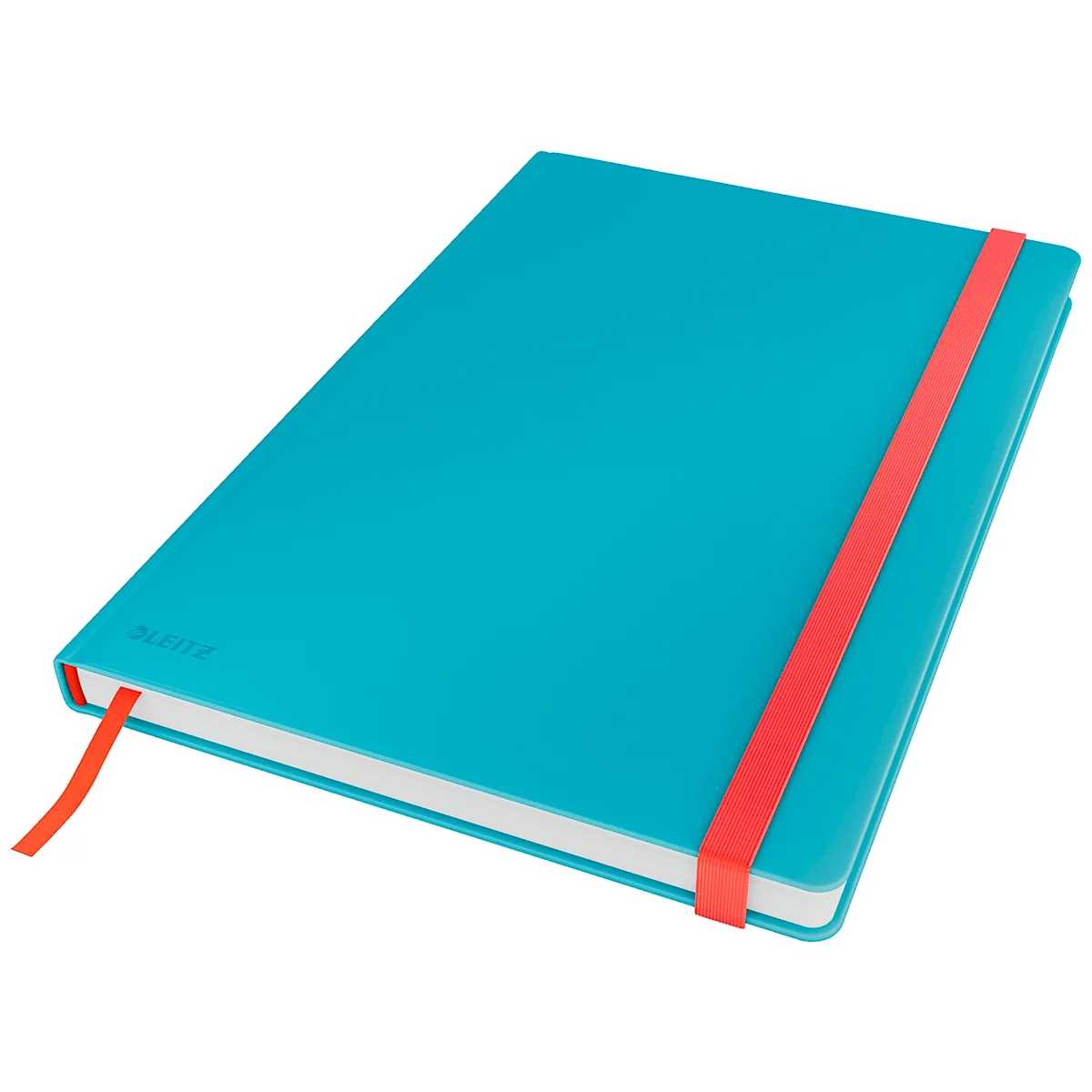 Türkisblaues Notizbuch mit rotem Gummiband und Lesebändchen. Auf dem Einband steht "Leitz".