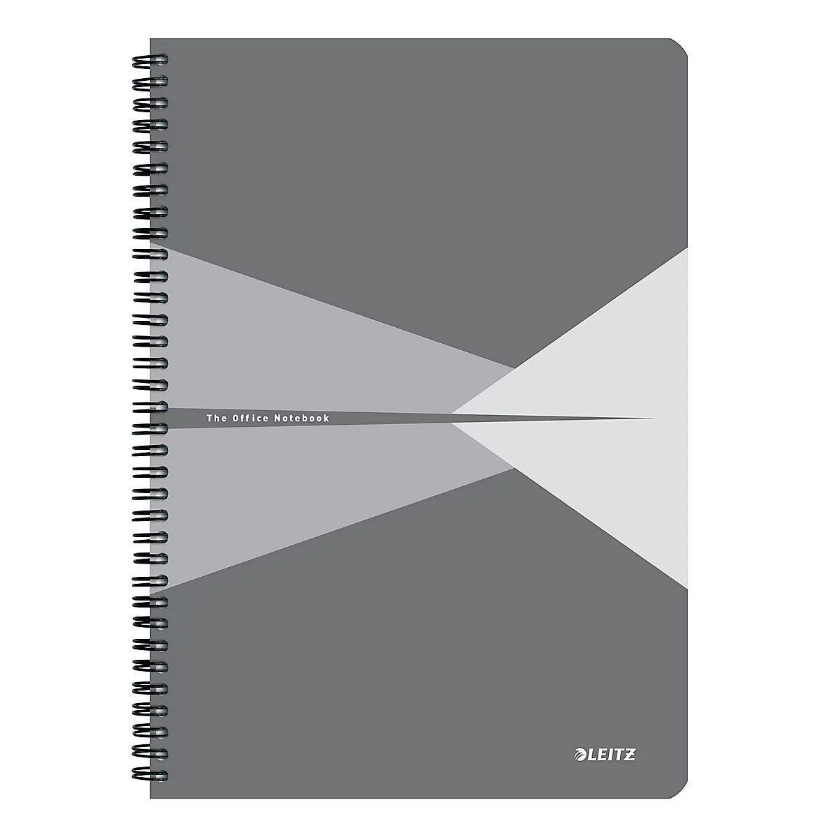 Graues Notizbuch mit Spiralbindung, abstraktes Design. Aufdruck: "The Office Notebook", Logo Leitz.