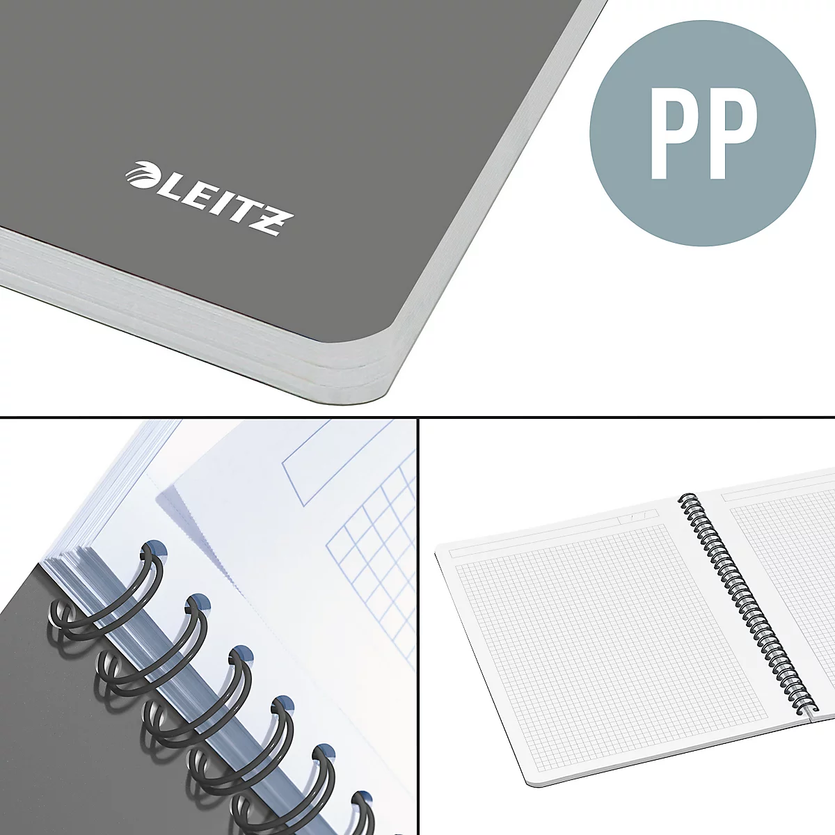 Graues Notizbuch mit Spiralbindung, geöffnet. Oben links das Logo LEITZ. Rechts oben ein graues PP Symbol.