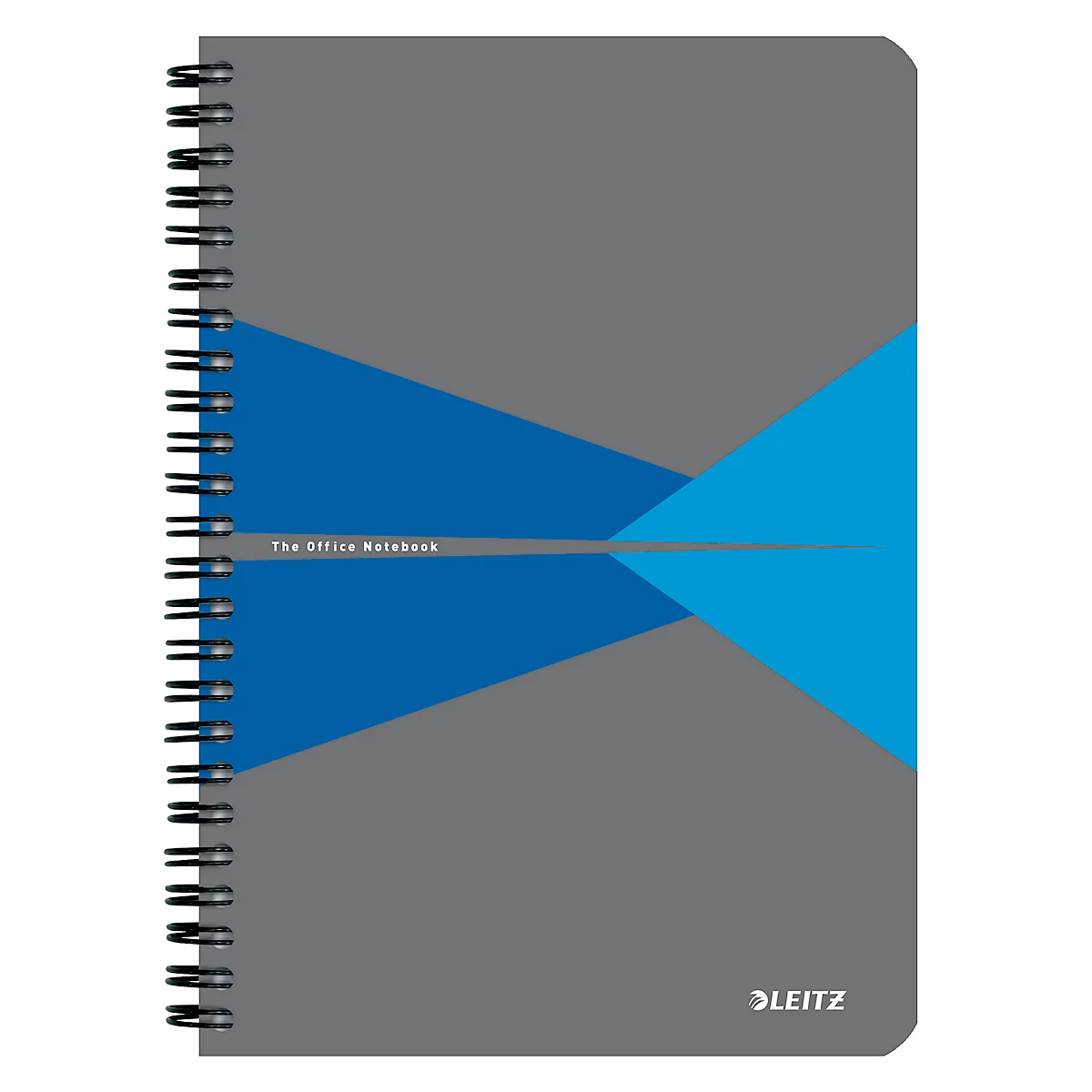 Graues Notizbuch mit blauen Akzenten und Spiralbindung. 'The Office Notebook' steht horizontal in der Mitte.