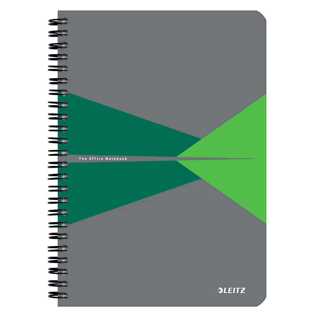 Graues Notizbuch mit Spiralbindung. Auf der Vorderseite befinden sich grüne und hellgrüne Dreiecke. Der Text 'The Office Notebook' ist zu sehen.