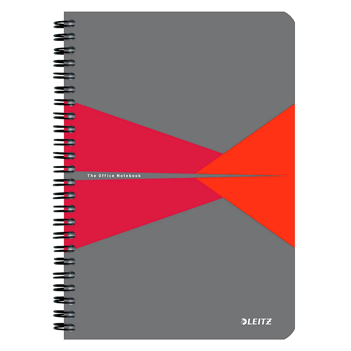 Graues Notizbuch mit rotem und orangefarbenem Design. Spiralbindung, Text: "The Office Notebook", Logo: Leitz.