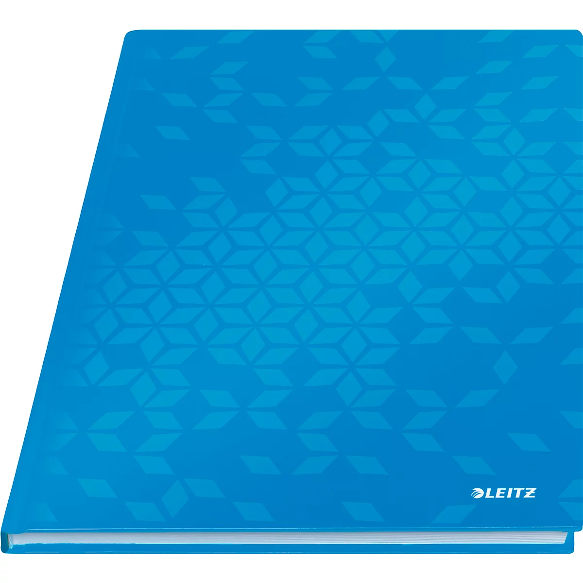 Blauer Leitz-Ordner mit geometrischem Muster. Unten rechts steht der Markenname.