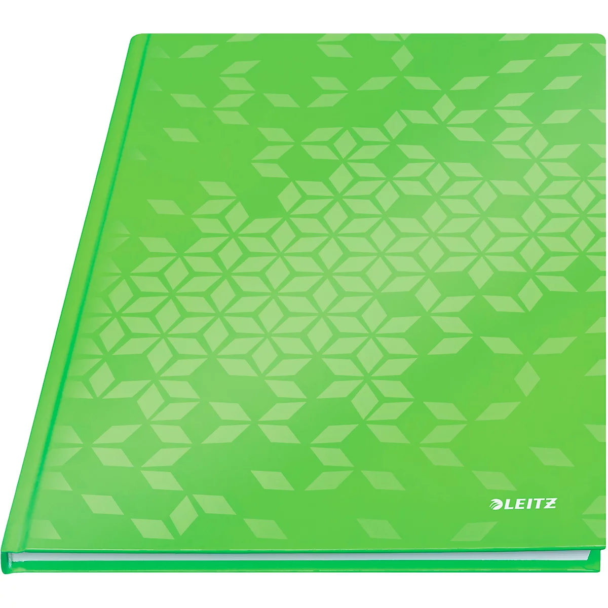 Hellgrünes Notizbuch mit geometrischem Muster. Unten rechts ist der Schriftzug 'LEITZ' zu sehen.