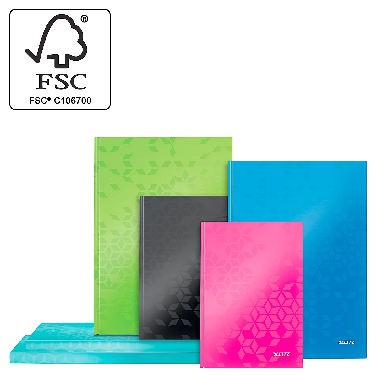 Verschiedene farbige Notizbücher, grün, schwarz, pink und blau, mit floralem Muster und FSC-Zertifizierung.