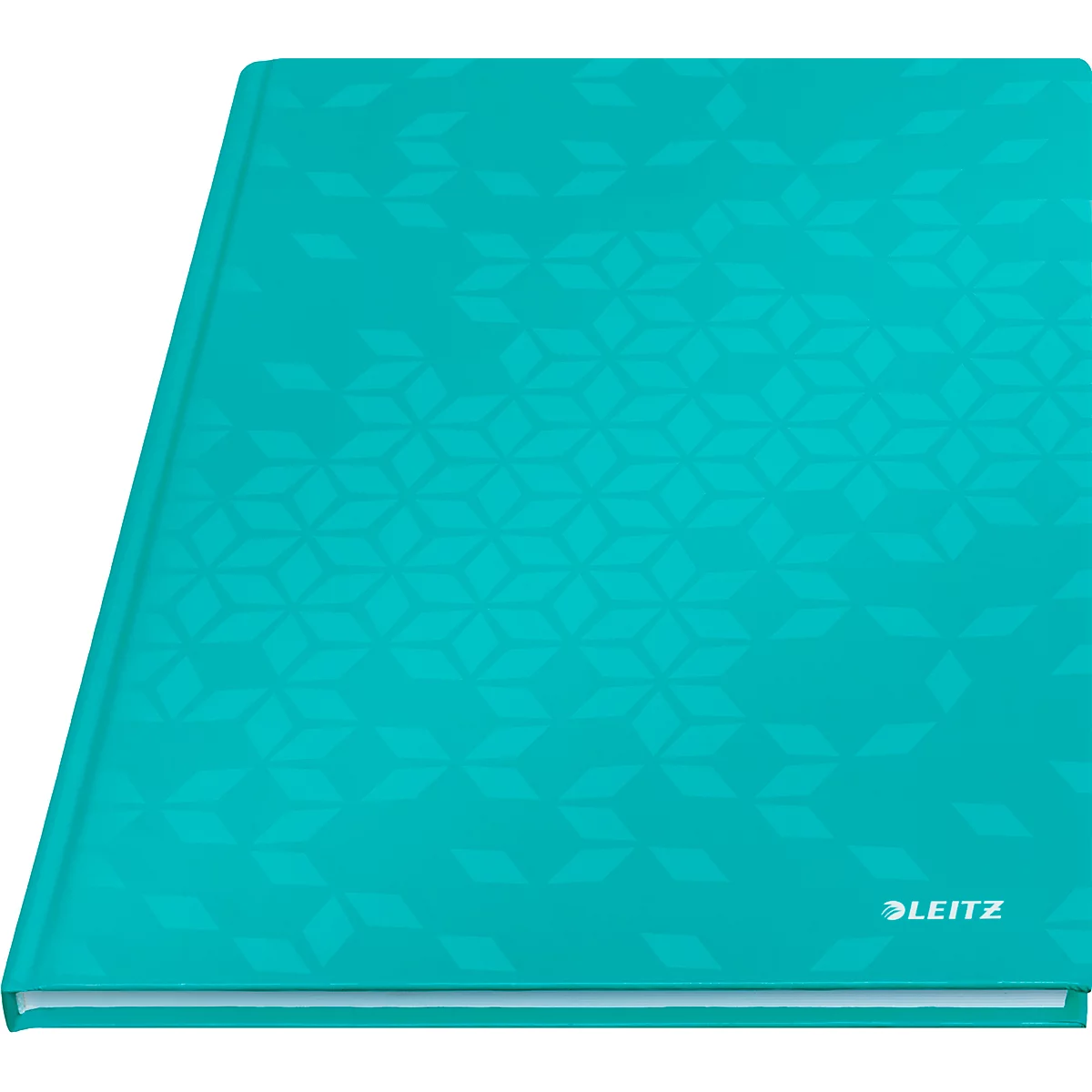 Türkises Notizbuch mit geometrischem Muster. Unten rechts: Leitz Logo.