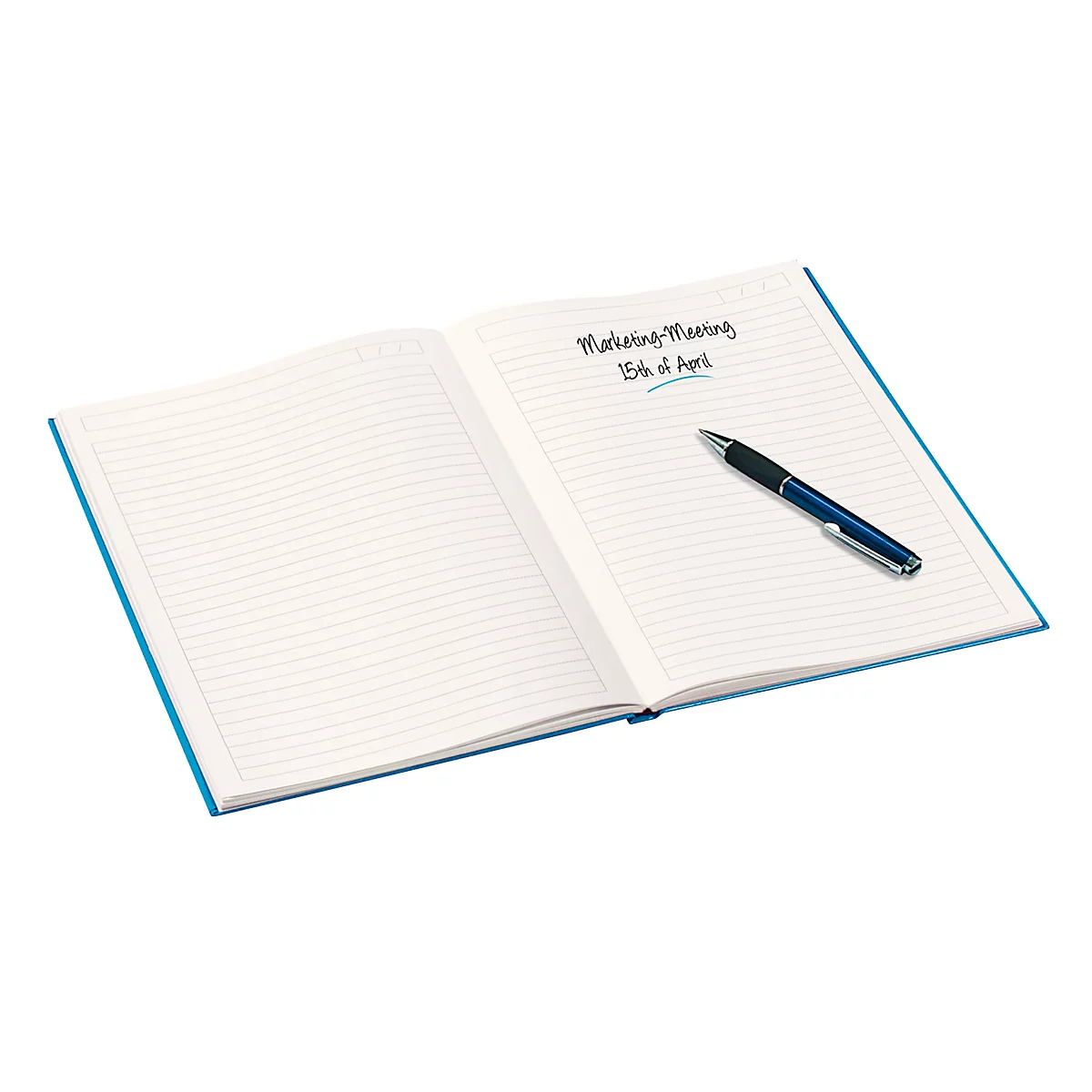 Geöffnetes Notizbuch mit blauem Einband und Stift. Auf der rechten Seite steht: Marketing Meeting, 15. April.