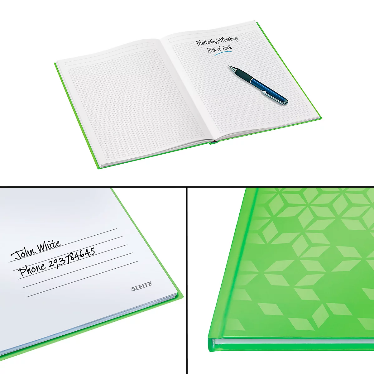 Grünes Notizbuch mit Stift auf einer geöffneten Seite. Detailansicht von Namen und Telefonnummer.