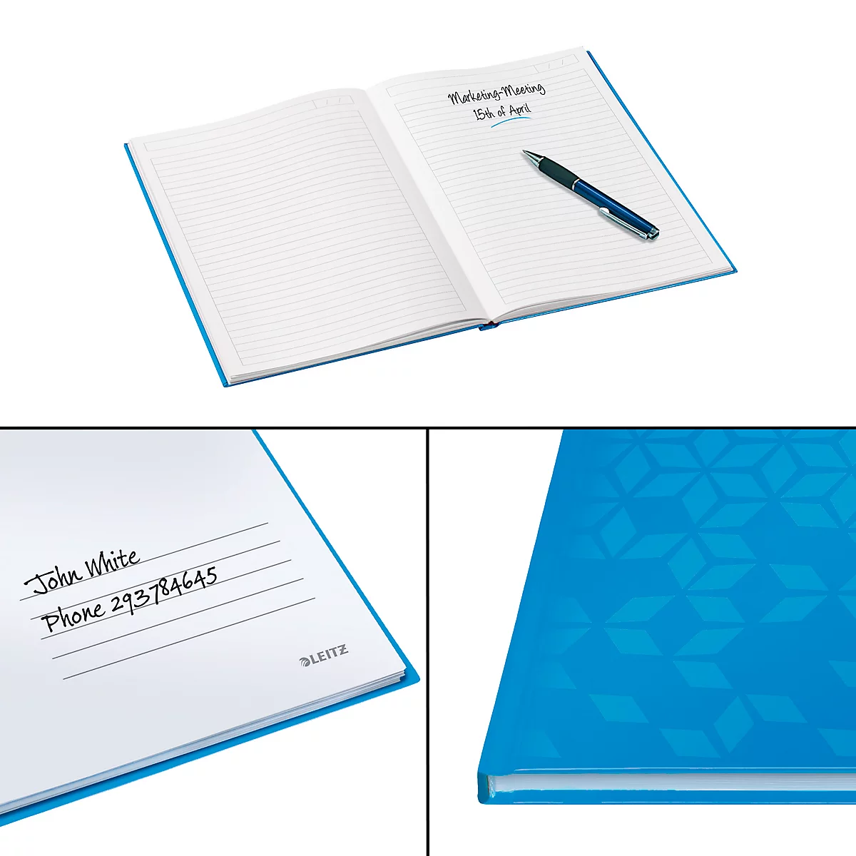 Ein blaues Notizbuch mit linierten Seiten, ein Stift und Notizen. Detailansicht zeigt Notizbuchdeckel- und Seite mit Namen und Telefonnummer.