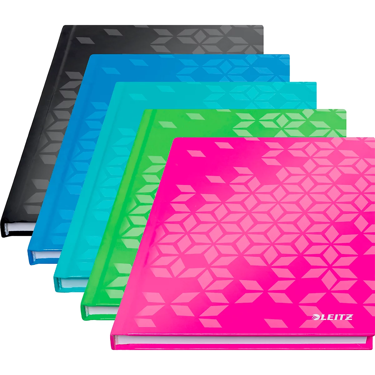 Fünf farbige Notizbücher mit geometrischen Mustern, von grau bis pink. Der Schriftzug 'Leitz' ist sichtbar.