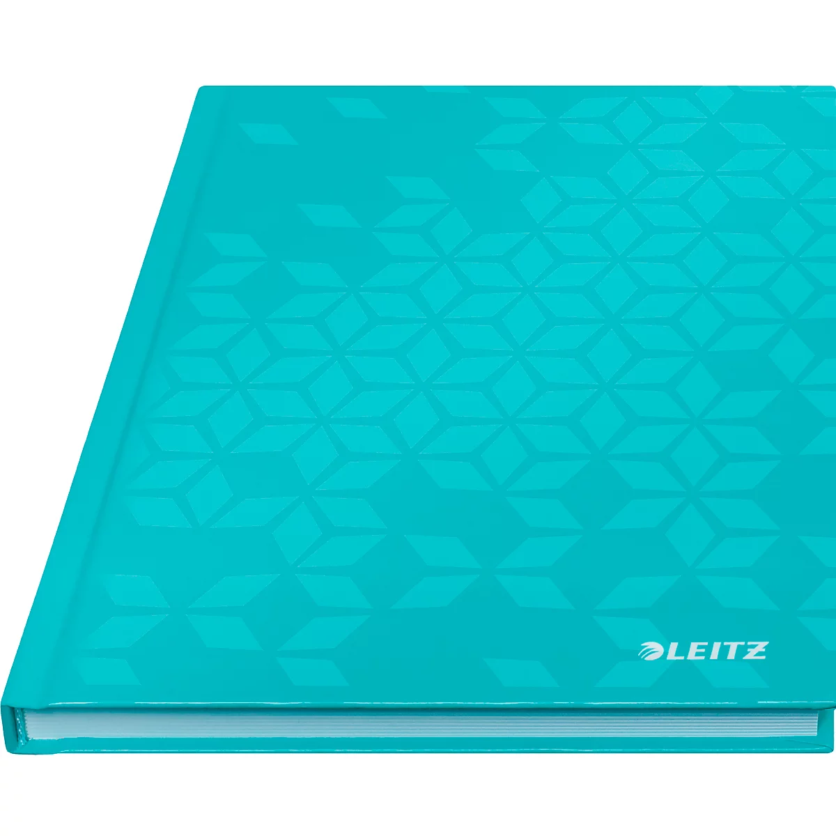 Türkisblaues Notizbuch mit geometrischem Muster, Marke Leitz.