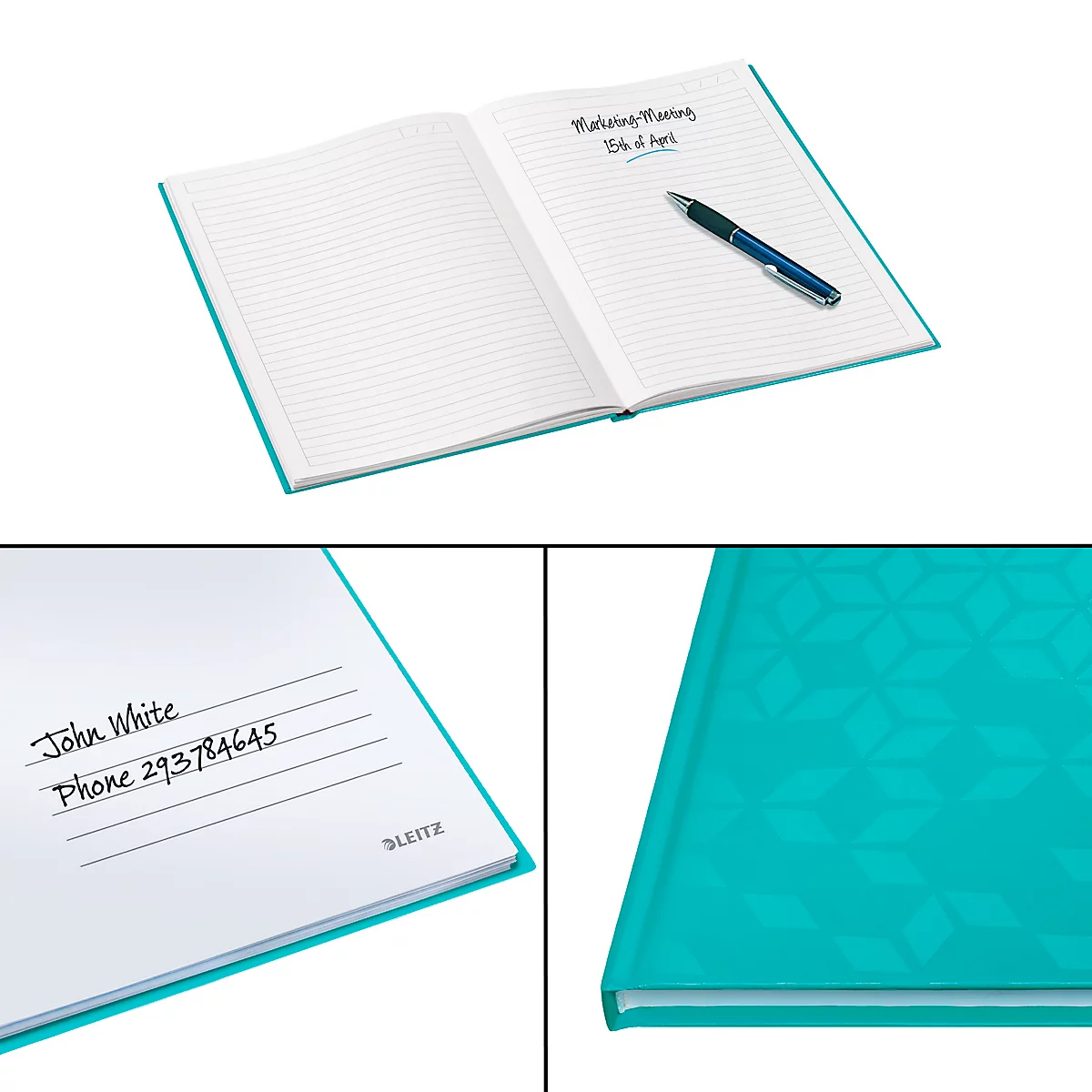 Hellblaues Notizbuch mit linierten Seiten. Auf einer Seite steht "Marketing Meeting 26th of April", ein blauer Stift liegt daneben. Unten rechts ein Detail des Umschlags.