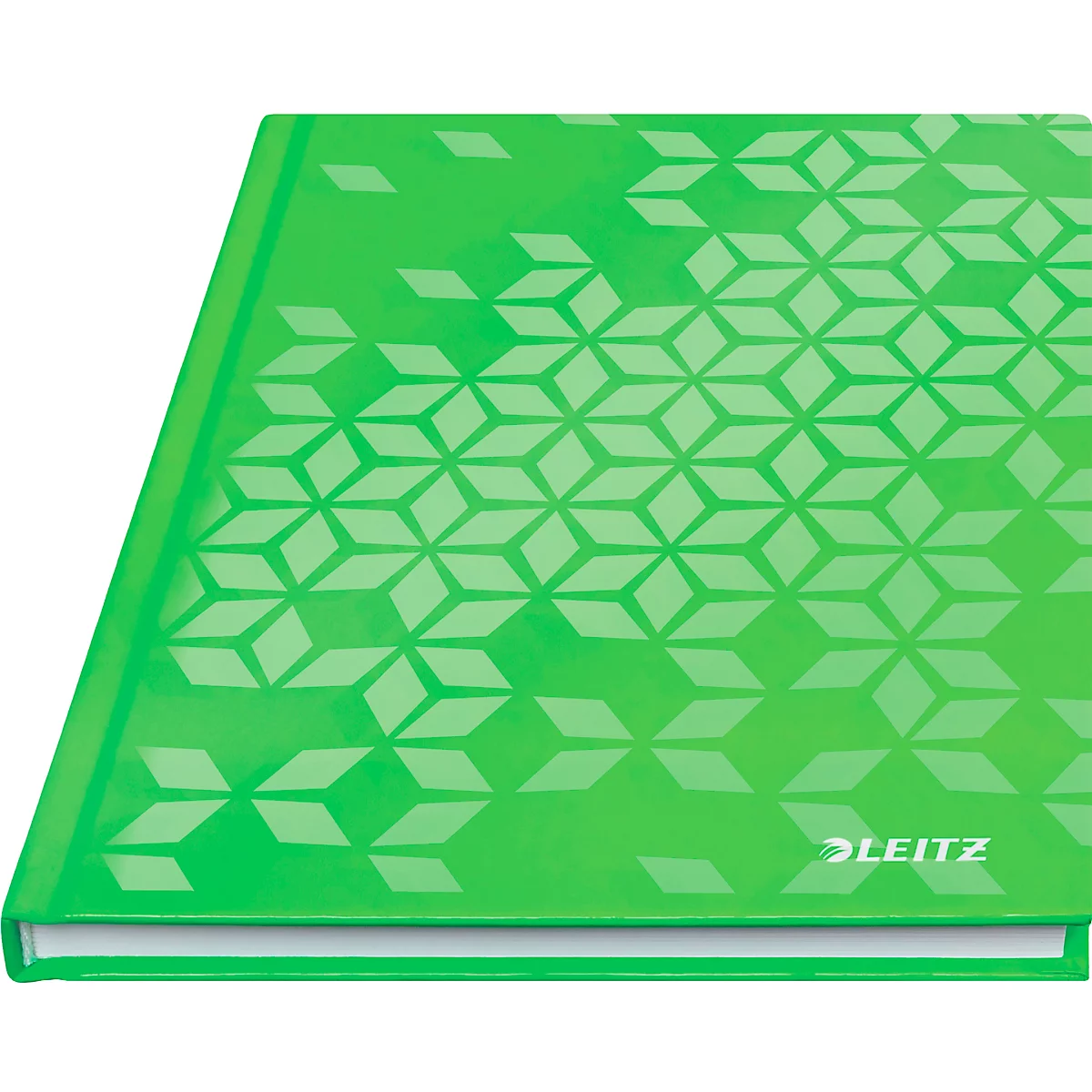 Grünes Notizbuch mit geometrischem Muster, Schriftzug LEITZ.