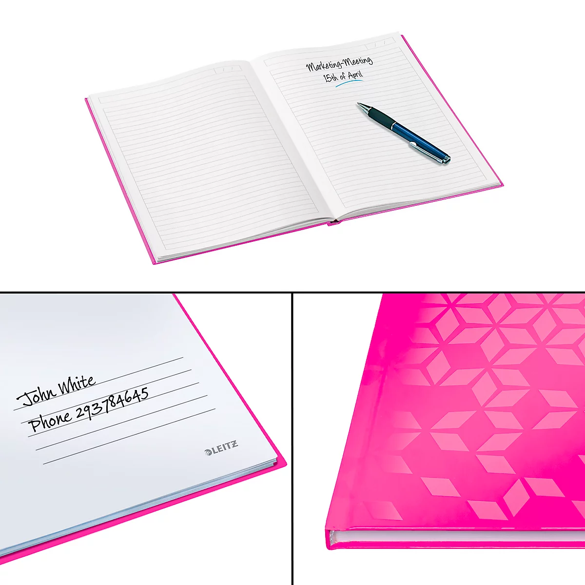 Ein offenes, pinkfarbenes Notizbuch, Notizen und ein Stift liegen darin, sowie ein Detail des Einbands.