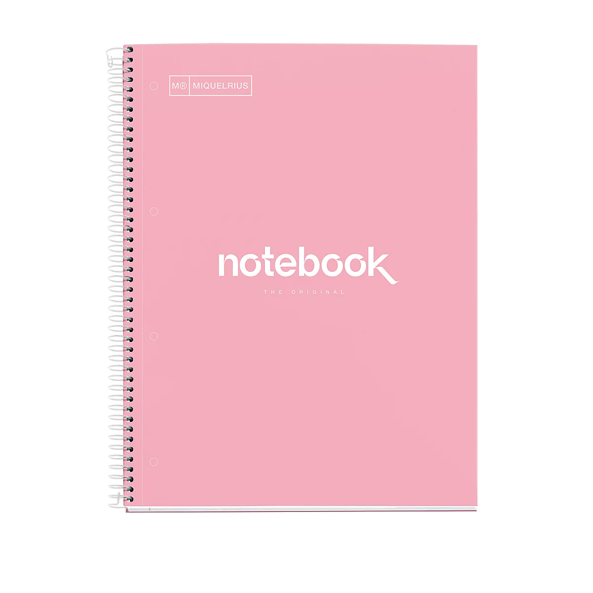 Hellrosa Notizbuch mit weißer Spirale, Schriftzug "notebook".