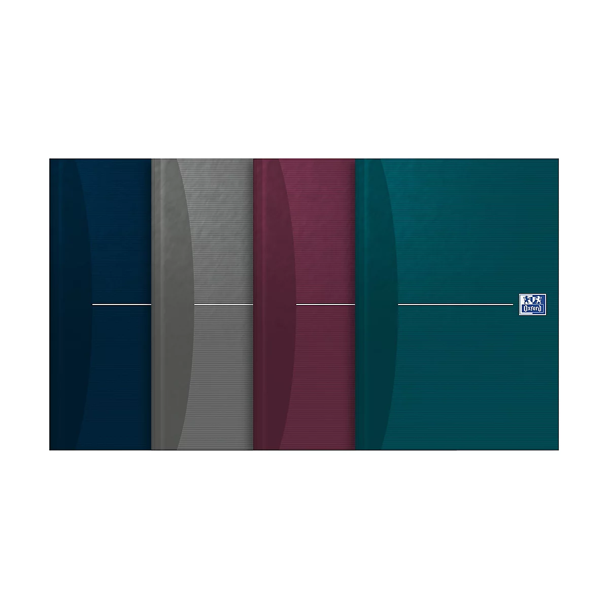 Vier verschiedene Notizbücher nebeneinander, jede mit einer anderen Farbe: Marineblau, Grau, Weinrot und Türkis.