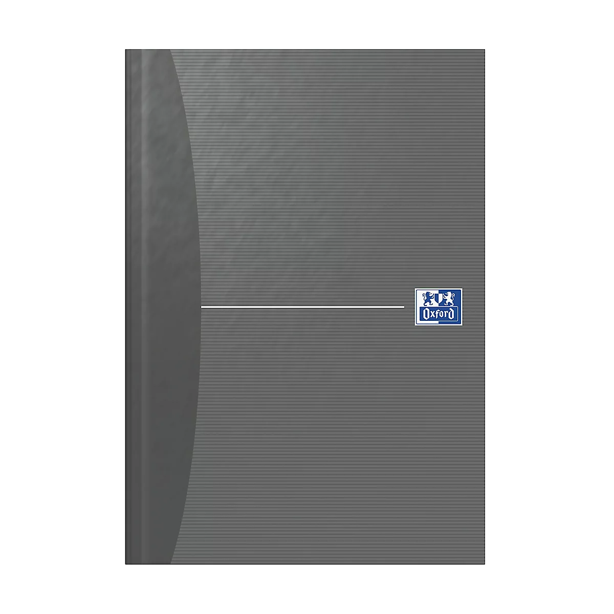 Graues Notizbuch mit Linienmuster und Oxford-Logo.