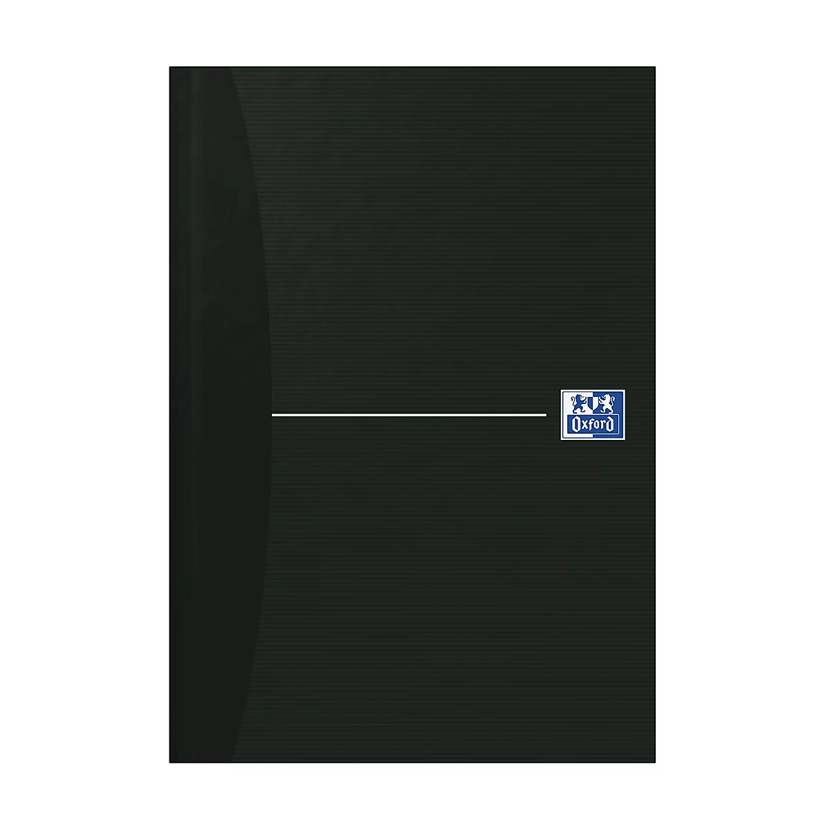 Schwarzes Notizbuch mit horizontaler weisser Linie und Oxford-Logo.