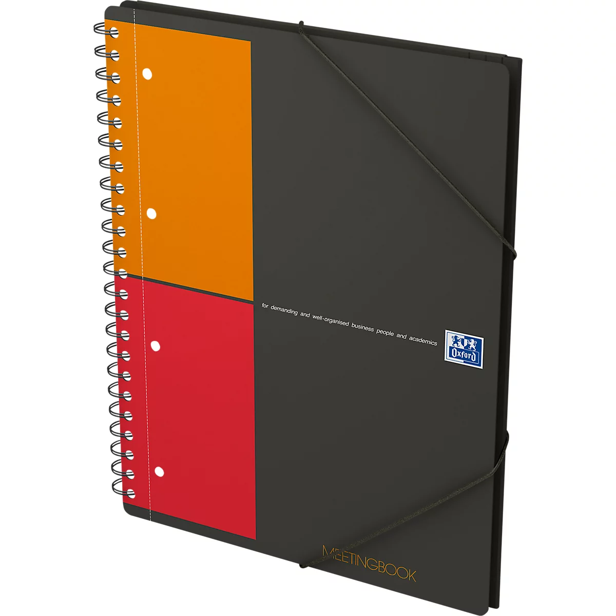 Schwarzes Oxford-Notizbuch mit Gummiband und rotem/orangenem Feld. Aufschrift: Meetingbook, Oxford Logo.
