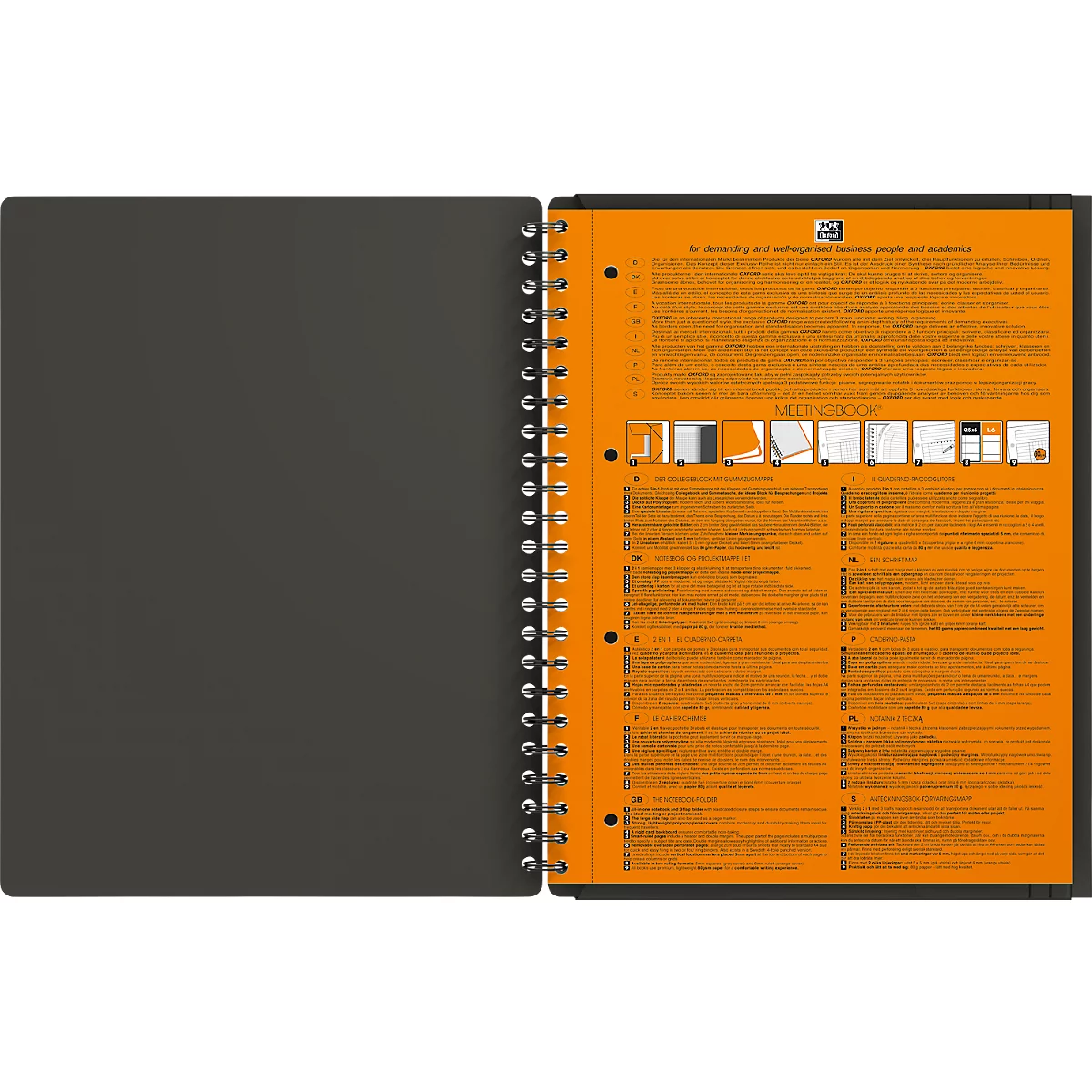 Offenes Notizbuch mit Spirale, linker Umschlag grau, rechter Umschlag orange mit Text und Grafiken.