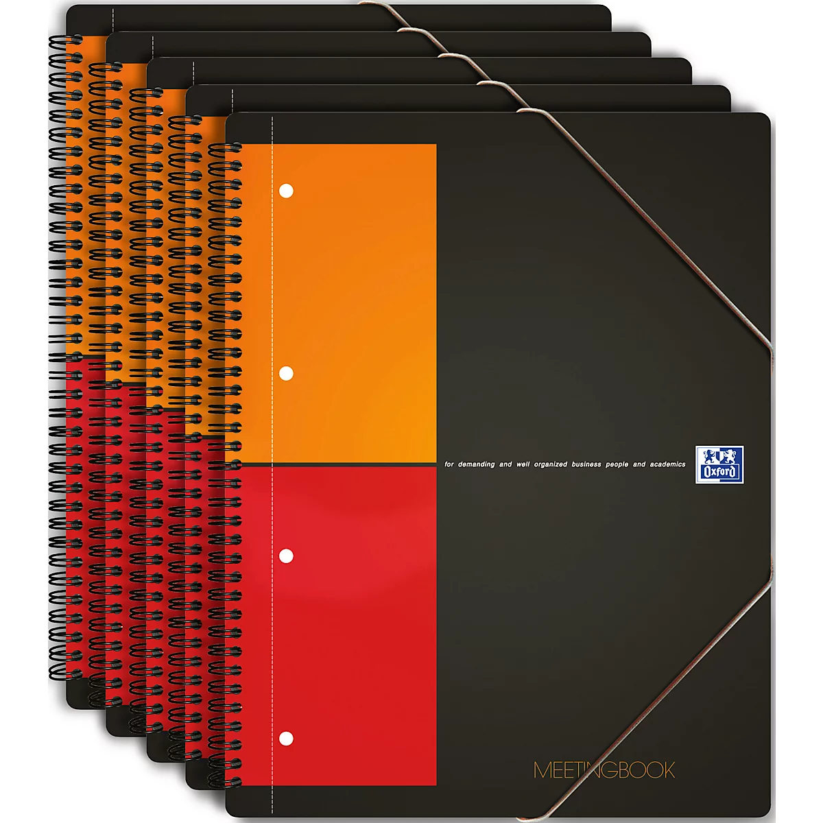 Mehrere schwarze Notizblöcke mit orange und roten Akzenten und Spiralbindung, mit Schriftzügen 'MEETINGBOOK'.