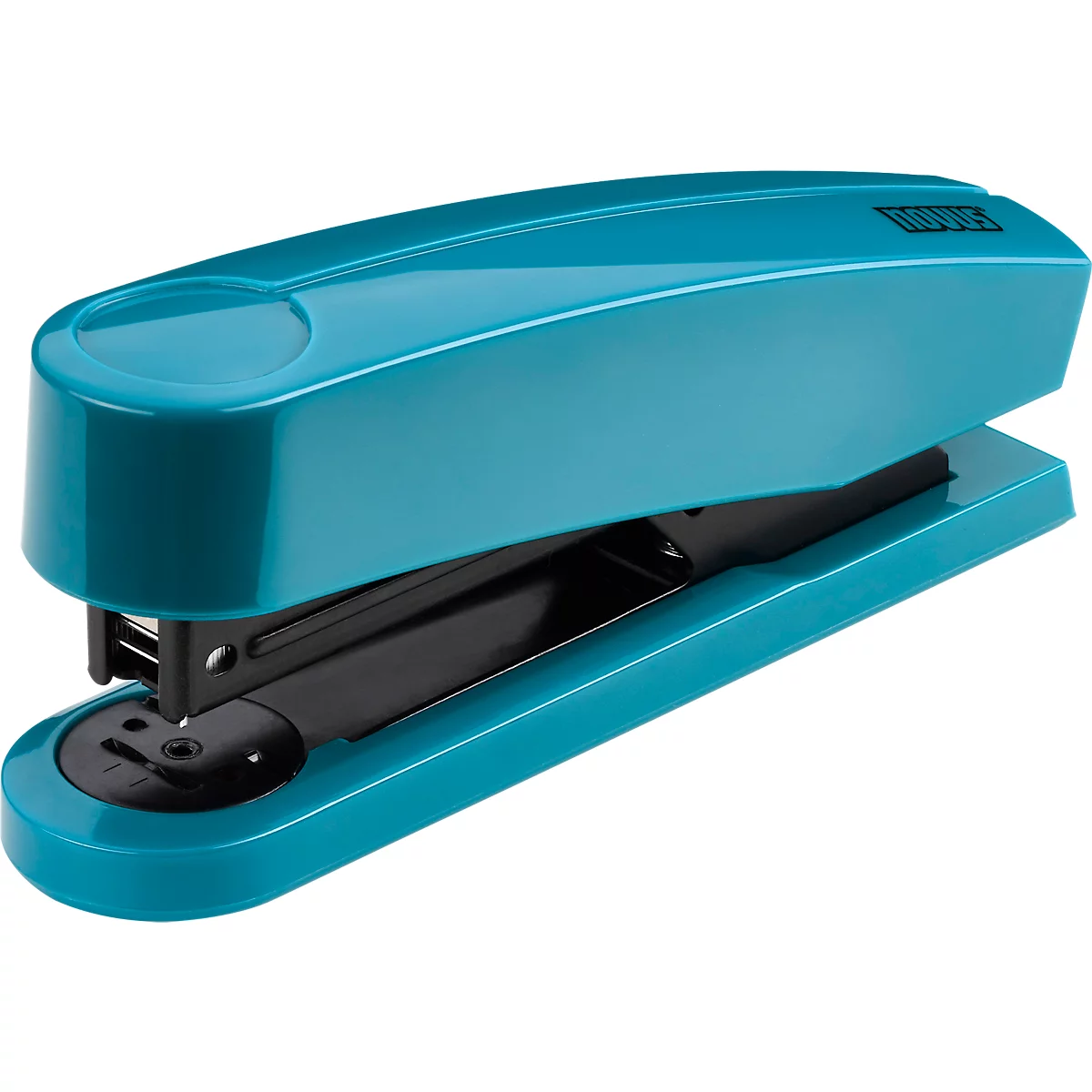 Teal stapler, black mechanics, close up shot.
