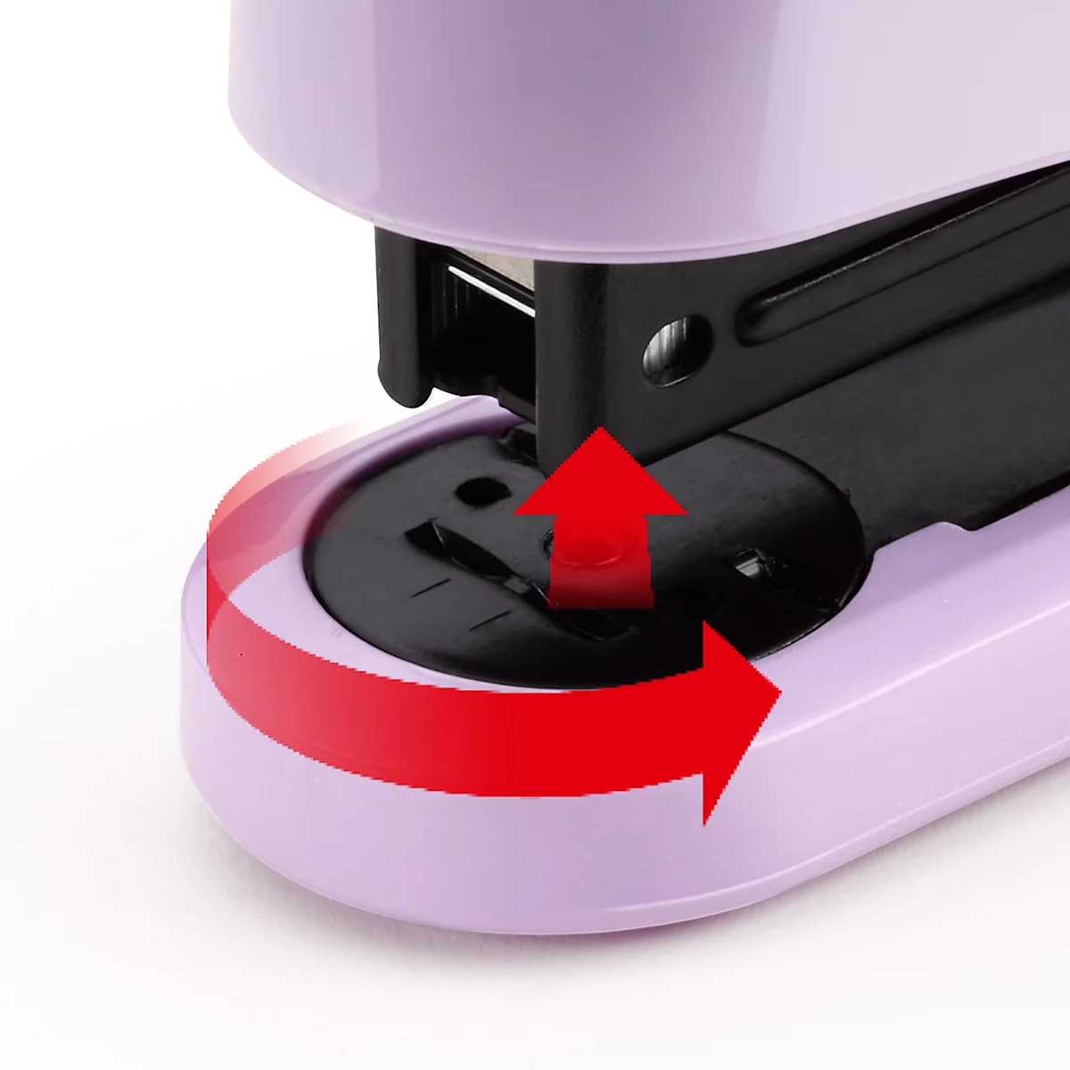 Close-up of a purple stapler opening with a red arrow indicating a rotating movement.